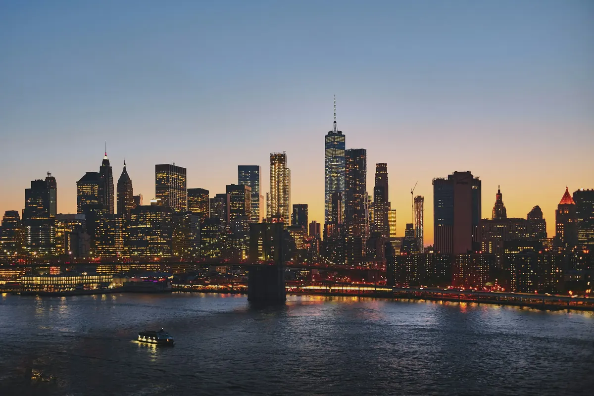 Lower Manhattan skyline at dusk